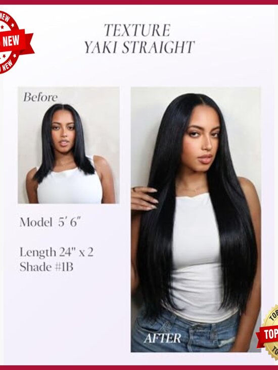 Seamless Clip-In Human Hair Extensions, 20 Inch Yaki Straight, 2 Pack main image 6